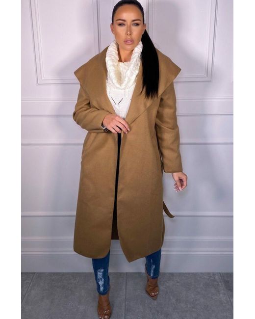 Femme Luxe Brown Waterfall Duster Belted Long Coat