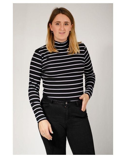 Marks & Spencer Blue High Neck Striped Jersey Top Cotton