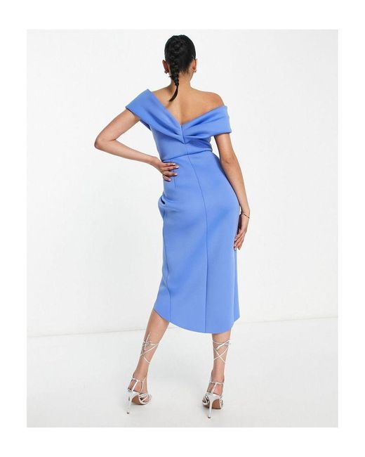 ASOS Blue Off Shoulder Twist Front Midi Dress