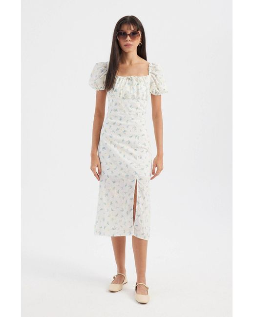 Hiccup White Floral Square Neck Puff Sleeves Midi Dress With A Side Slit