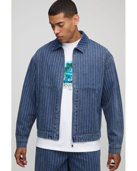 BoohooMAN Blue Boxy Fit Pinstripe Carpenter Jacket for men