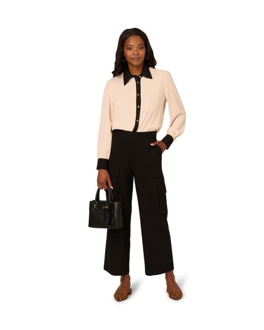 Adrianna Papell Black Button Placket And Collar Contrast Silky Woven Blouse