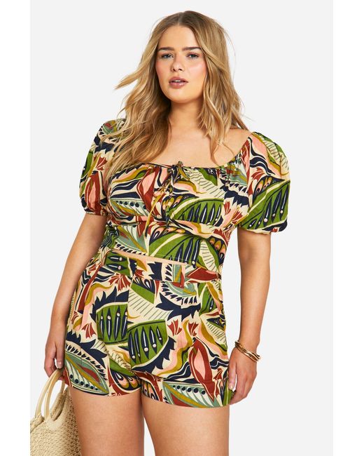 Boohoo Green Plus Linen Feel Paisley Print Puff Sleeve Ruched Crop Top