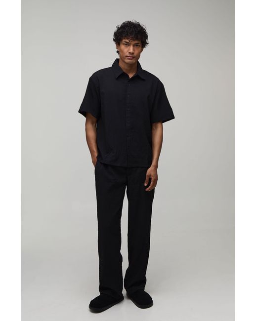 BoohooMAN Blue Stripe Seersucker Oversized Shirt & Relaxed Trouser Set for men