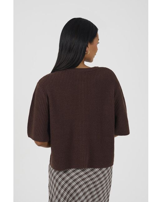 Brave Soul Brown Short Sleeve Crew Neck Fisherman Knit Cardigan