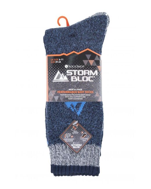 Storm Bloc Blue 4 Pairs Cushion Sole Hiking Work Boot Socks for men