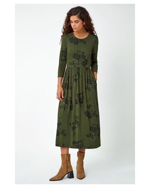 Roman Green Floral Print Midi Stretch Dress