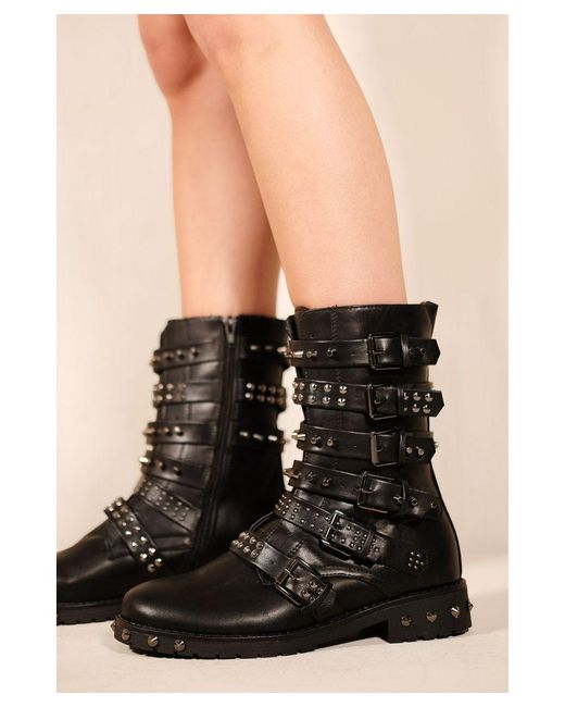 Where's That From Black 'Lili' Studded Ankle Boot With Buckle And Side Zip-Up