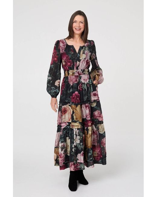 Izabel London White Floral Tiered Long Sleeve Maxi Dress