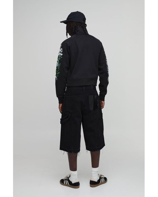 BoohooMAN Black Funnel Neck Floral Embroidered Track Top for men