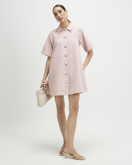 River Island Pink Dress Button Through Denim Short Sleeve Cotton