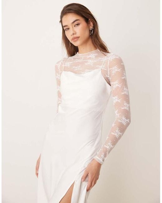 Y.A.S Natural Long Sleeve Lace Underlay Cami Satin Dress