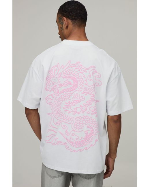 BoohooMAN White Oversized Dragon Puff Print T-Shirt Cotton for men