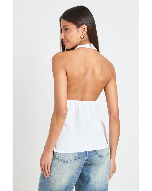 Boohoo White Hammered Halter Cowl Tie Side Drape Blouse