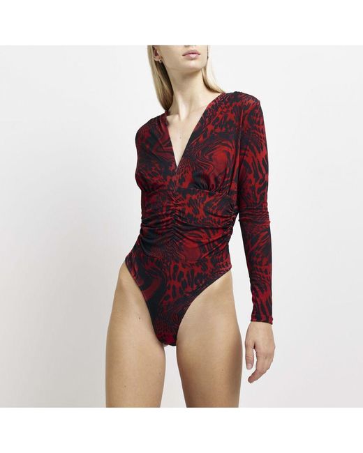 River Island Bodysuit Red Animal Print Ruched