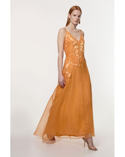 Karen Millen Orange Satin Applique Woven Maxi Dress