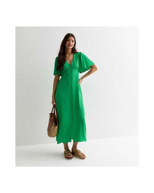 Gini London Midi-jurk Met Engelmouwen En Knoopsluiting in het Green
