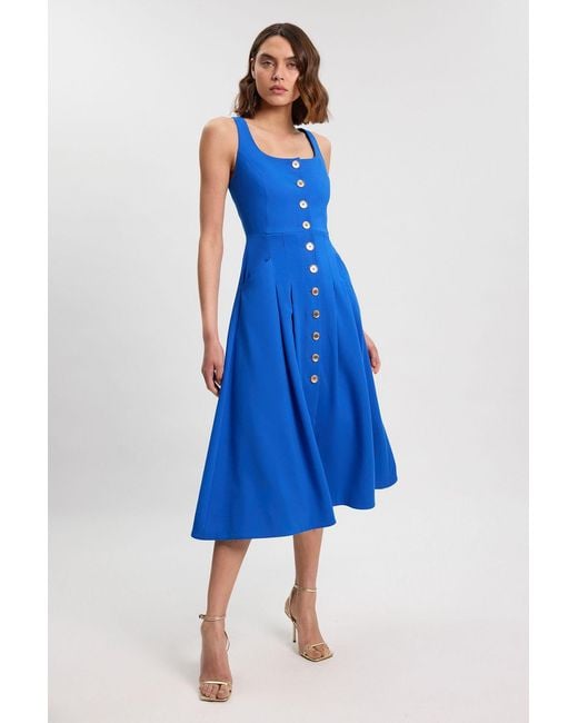 Karen Millen Blue Tailored Textured Button Though Strappy Full Midi Dress