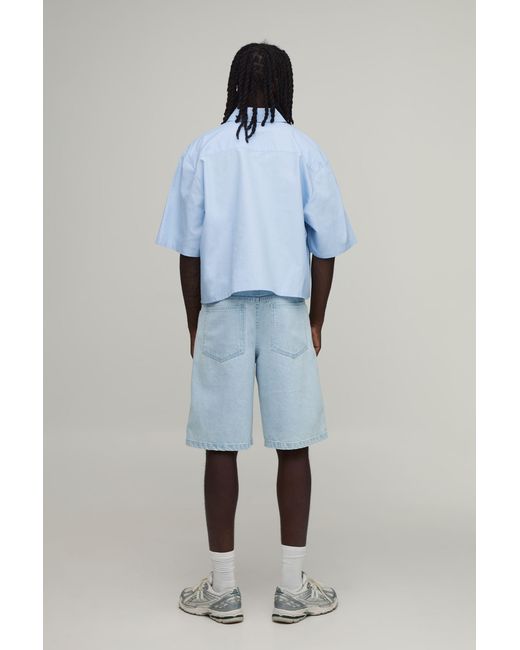 BoohooMAN Blue Boxy Cropped Half Sleeve Oxford Shirt for men