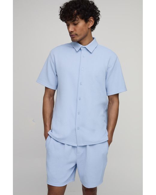 BoohooMAN Blue Short Sleeve Jersey Herringbone Shirt And Set for men