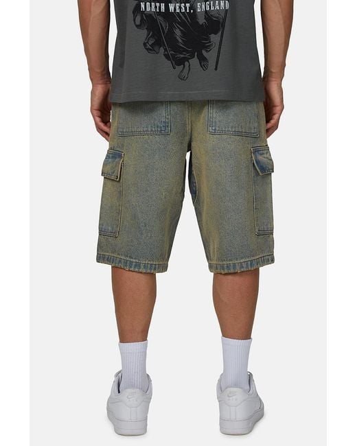 Good For Nothing Green Baggy Washed Denim Cargo Shorts for men