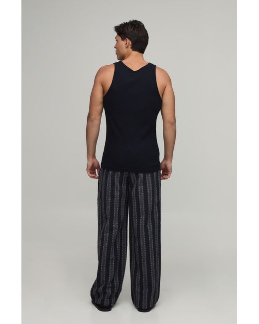 BoohooMAN Black Baggy Fit Stripe Linen Blend Trousers for men