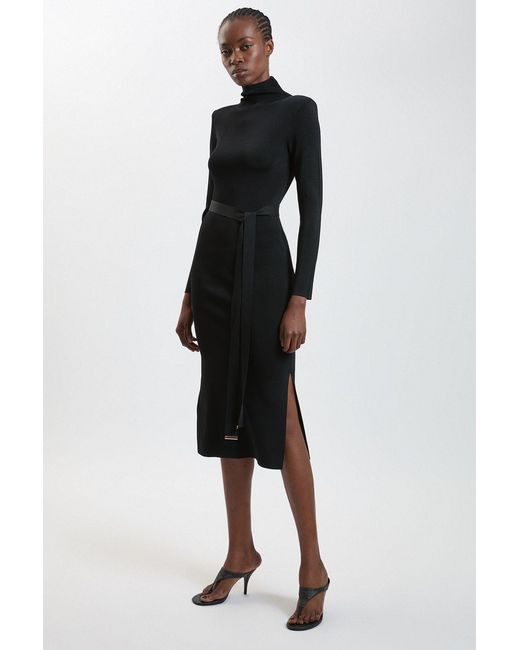Karen Millen Black Slinky Drape Knit Power Shoulder Funnel Dress