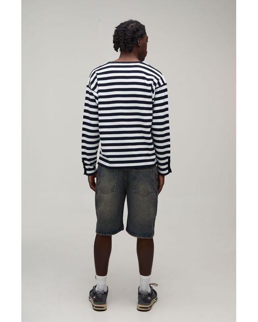 BoohooMAN Blue Regular Fit Henley Striped Knitted Long Sleeve T-Shirt for men