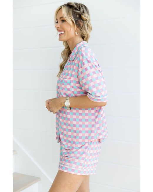 Azura Exchange Paars Geruit Patroon Kortemouwen Pyjama Set in het White