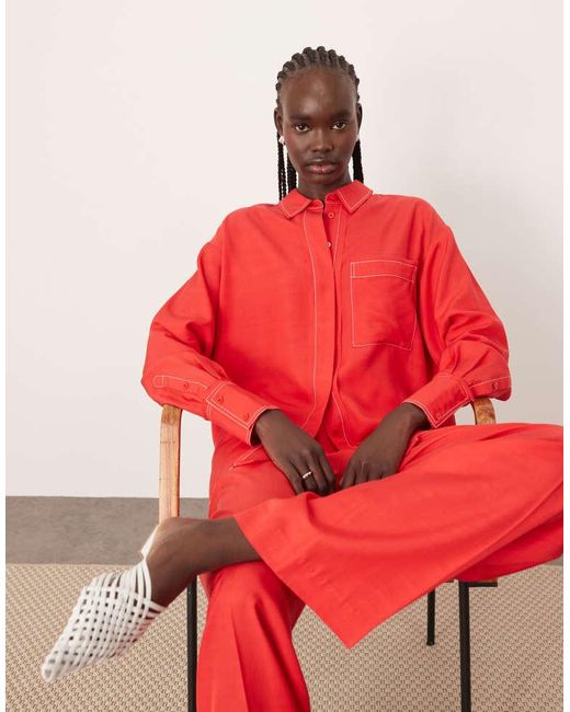 ARRANGE Red Oversized Contrast Stitch Shirt Co-Ord