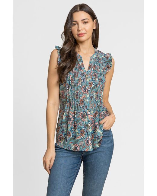 Roman Blue Sleeveless Frill Detail Floral Blouse