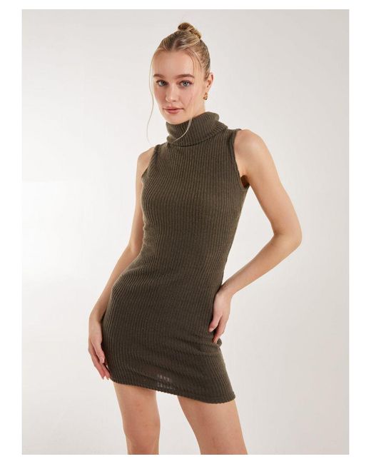 Pink Vanilla Natural Brushed Sleeveless Polo Neck Mini Dress