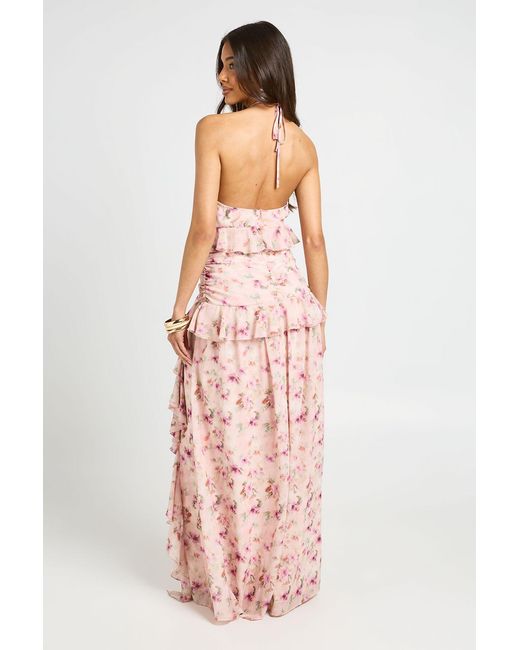 Boohoo Pink Floral Halterneck Chiffon Ruffle Detail Maxi Dress