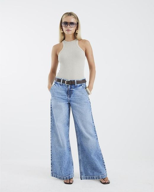 River Island Blue Wide Leg Jeans Petite Belted Baggy Cotton