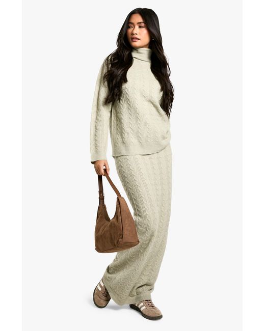 Boohoo White Soft Cable Roll Neck Jumper And Maxi Skirt Co-Ord