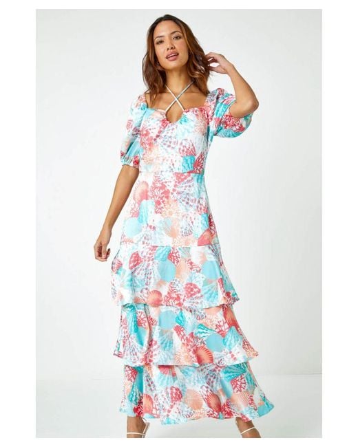 Roman White Puff Sleeve Tiered Maxi Dress