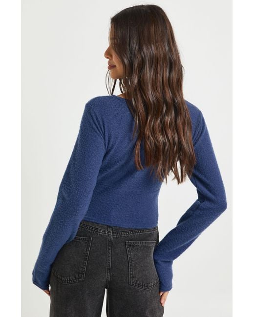 Boohoo Blue Wool Rib Button Through Cardigan