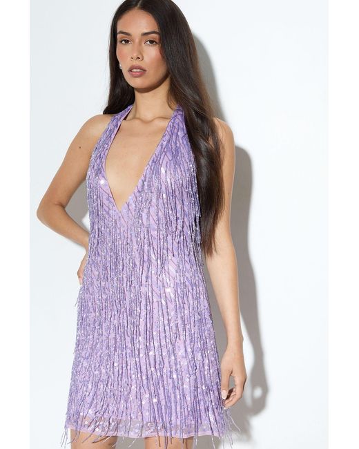 MissPap Purple Premium Fringe Bead Mini Dress