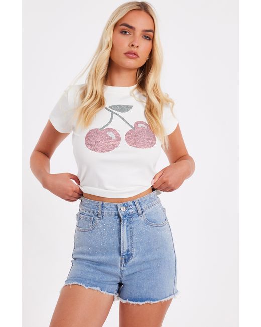 Quiz Blue Denim Embellished Shorts Cotton