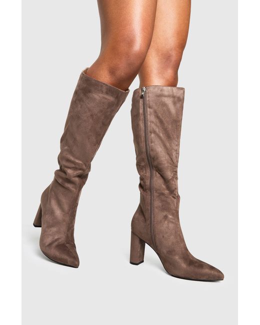 Boohoo Brown Wide Fit Faux Suede Block Heel Knee High Boots