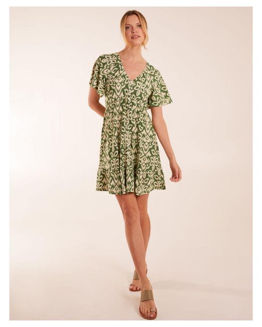 Blue Vanilla Green Button Through Elastic Waist Mini Dress