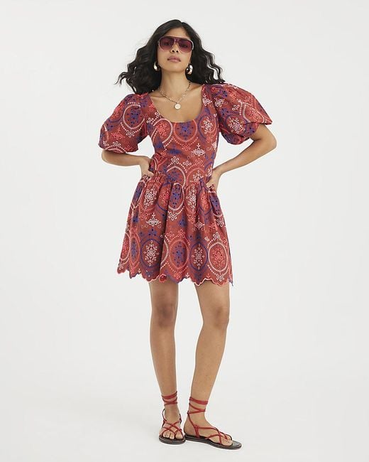 River Island Red Mini Dress Short Puff Sleeve Cutwork