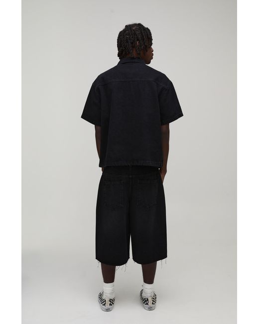 BoohooMAN Black Washed Rhinestone Boxy Oversized Revere Denim Shirt for men