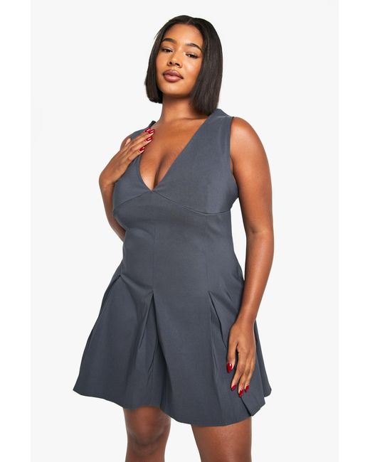 Boohoo Blue Plus Bengaline Plunge Pleated Skirt Mini Dress