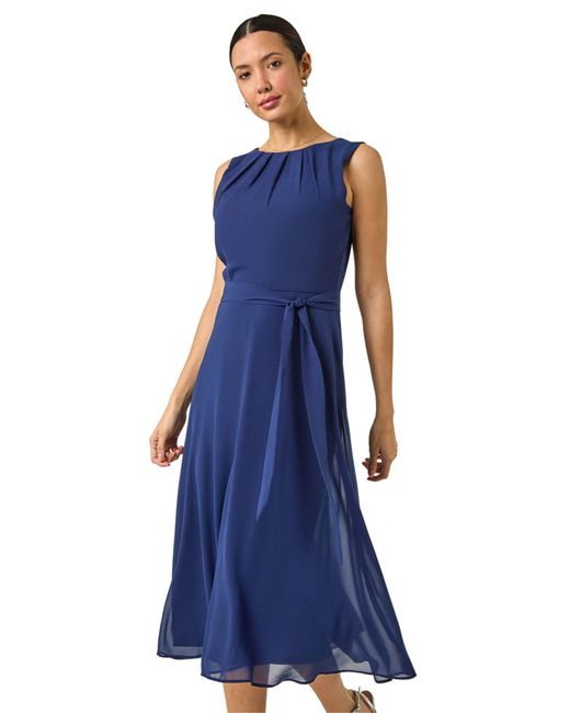 Roman Blue Chiffon Pleated Neck Midi Dress