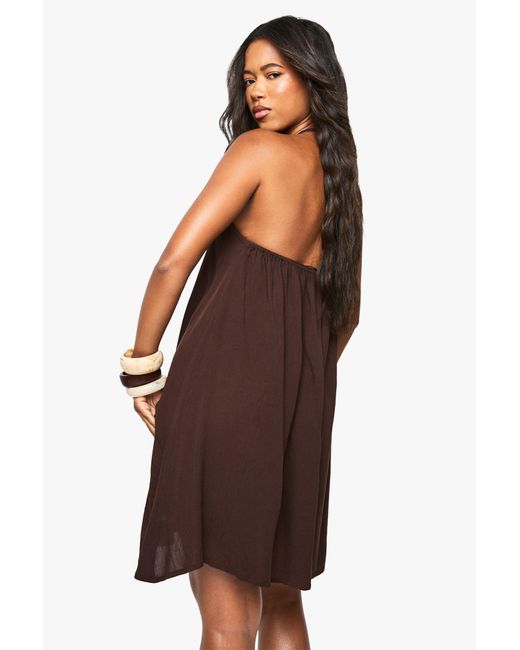 Boohoo Brown Cheesecloth Halter Mini Beach Dress