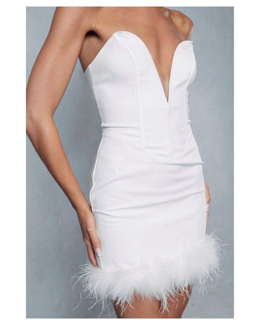 MissPap Gray Sweetheart Plunge Corseted Feather Hem Bodycon Mini Dress