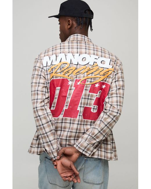 BoohooMAN Red Oversized Moto Print Checked Long Sleeve Shirt for men