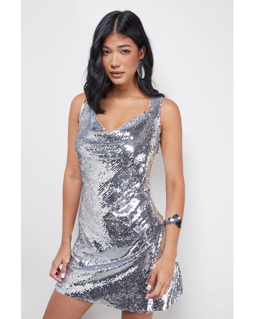 Oasis White Sequin Cowl Neck Mini Dress