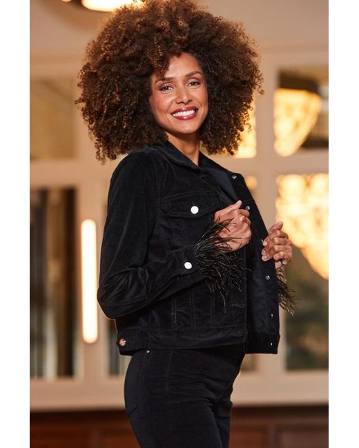 Sosandar Black Velvet Denim Jacket With Feather Trim